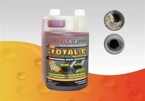Bottle of Alpha-1 Total-C drain treatment, before/after examples.