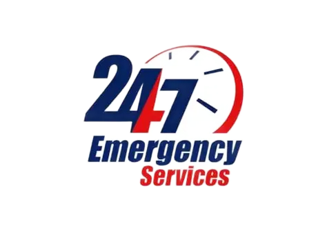 Logo for 24/7 Emergency Services with clock dial.